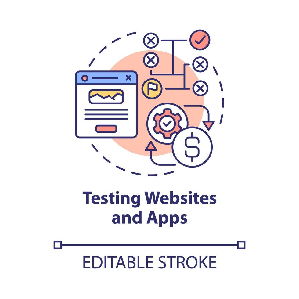 testando o ícone do conceito de sites e aplicativos. ganhar dinheiro online abordagem idéia abstrata ilustração de linha fina. avaliação de aplicativos de software. desenho de cor de contorno isolado de vetor. traço editável vetor