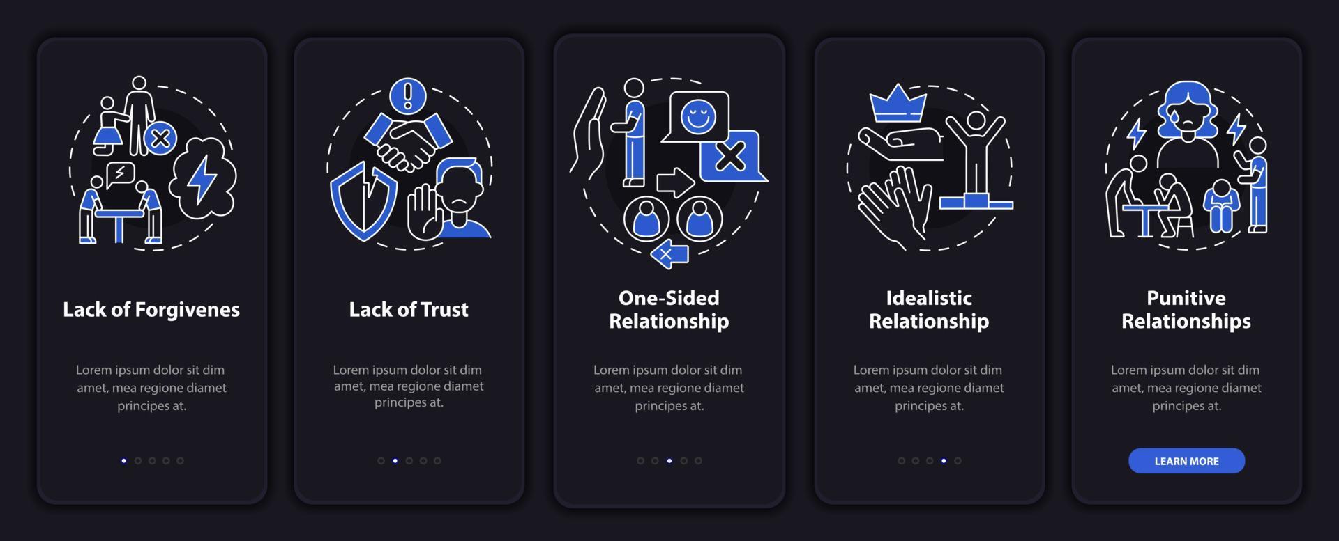 tipos de parceiros tóxicos integrando a tela da página do aplicativo móvel. relacionamentos unilaterais passo a passo instruções gráficas de 5 etapas com conceitos. modelo de vetor ui, ux, gui com ilustrações de modo noturno linear