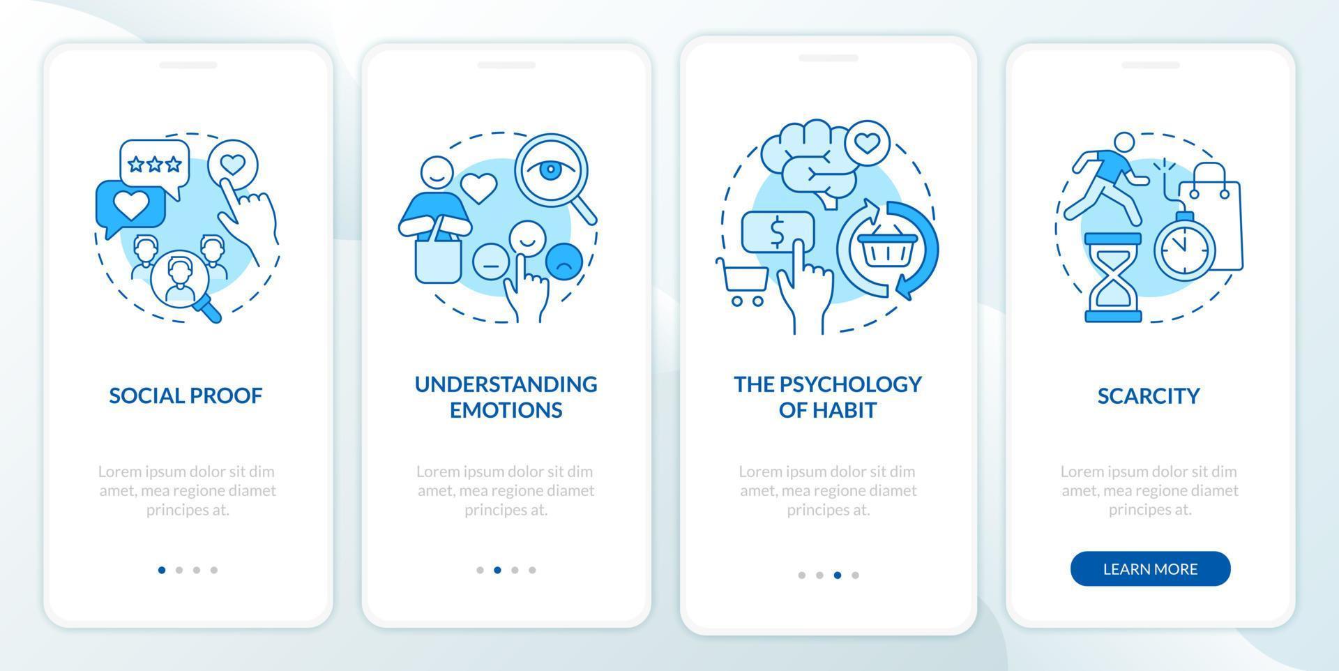 regras de neurociência na tela da página do aplicativo móvel. passo a passo de pesquisa de emoções do consumidor 4 etapas instruções gráficas com conceitos. modelo de vetor ui, ux, gui com ilustrações coloridas lineares