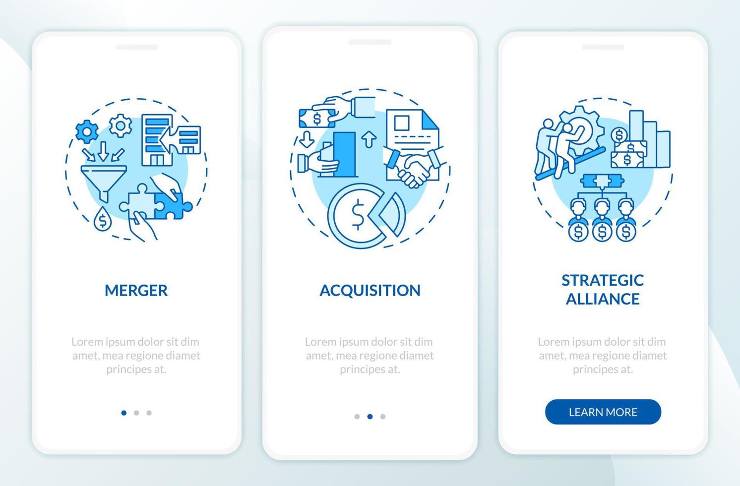 tela de página de aplicativo móvel de integração azul de expansão externa. passo a passo de desenvolvimento de negócios 3 passos instruções gráficas com conceitos. modelo de vetor ui, ux, gui com ilustrações coloridas lineares