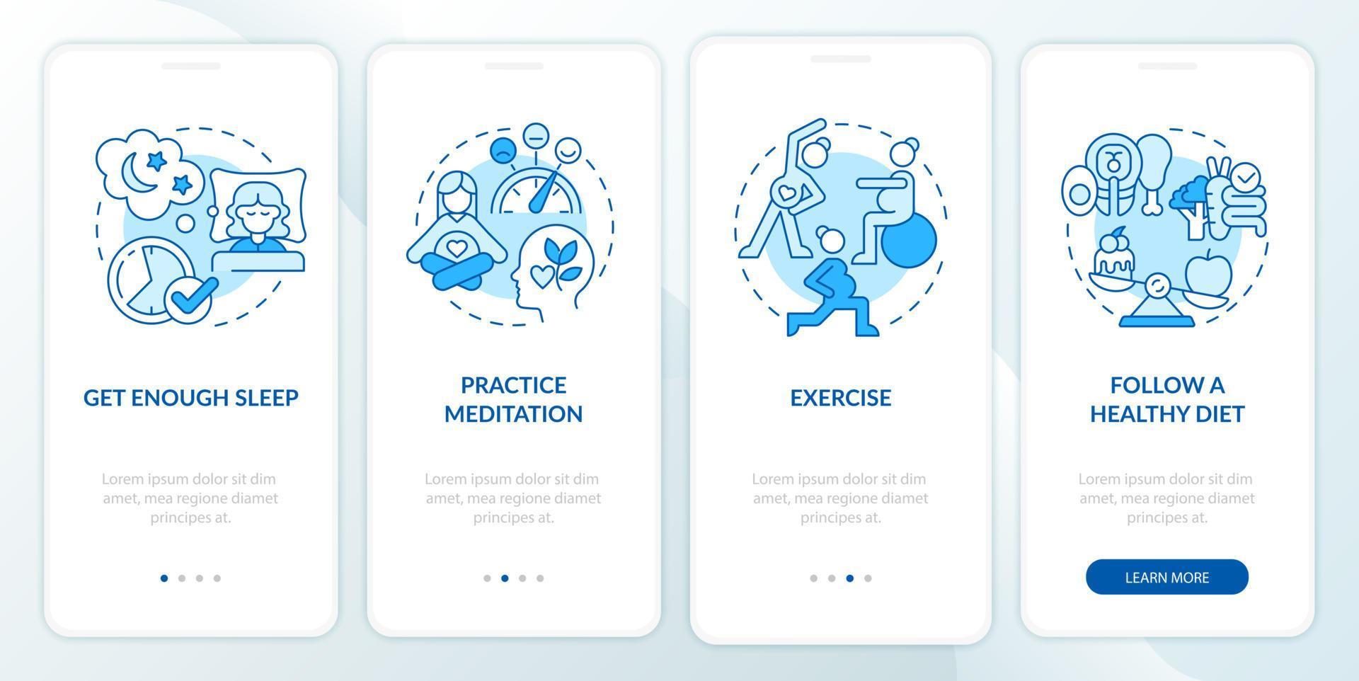 bem-estar mental durante a gravidez na tela da página do aplicativo móvel. meditação passo a passo 4 passos instruções gráficas com conceitos. modelo de vetor ui, ux, gui com ilustrações coloridas lineares