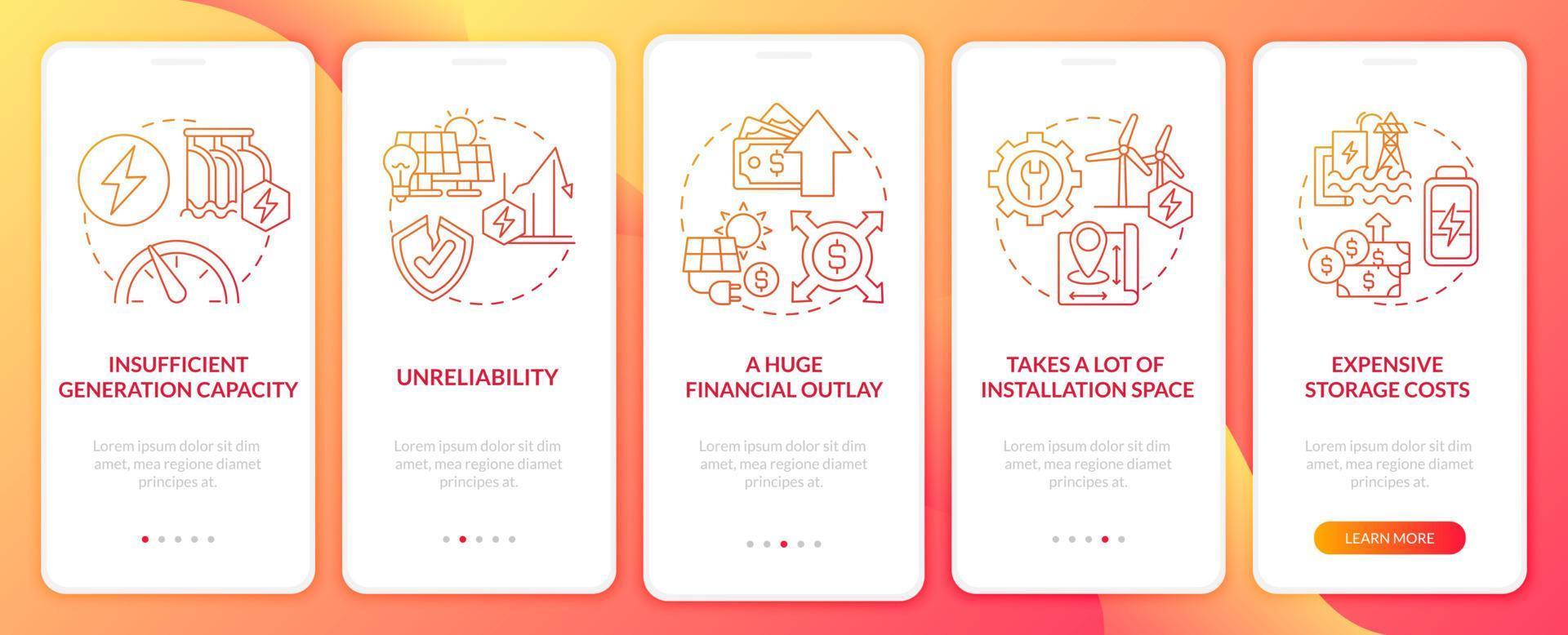 problema com a tela da página do aplicativo móvel de integração de energia renovável. custos de armazenamento passo a passo 5 passos instruções gráficas com conceitos. modelo de vetor ui, ux, gui com ilustrações coloridas lineares