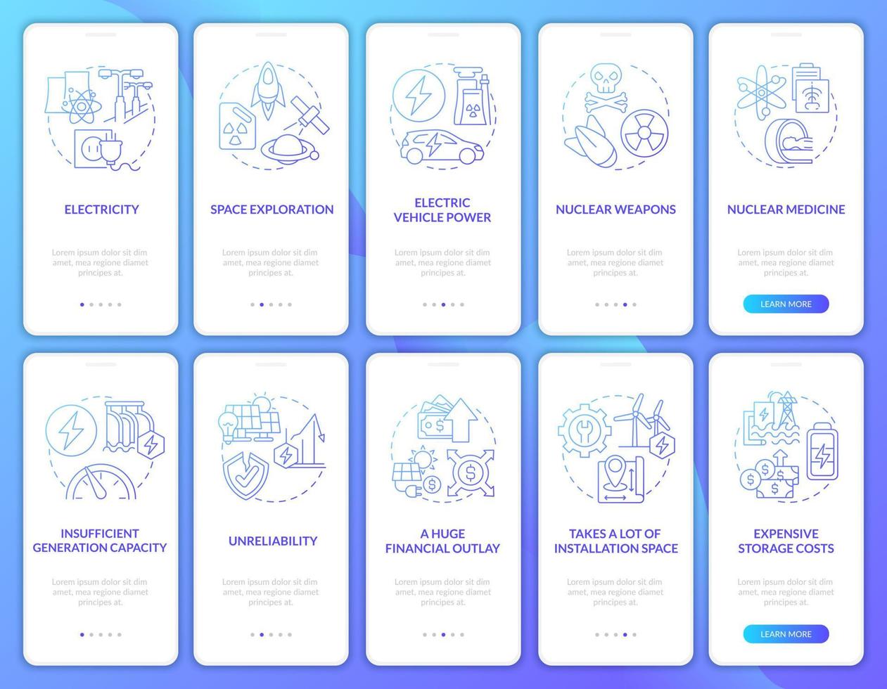 geração de energia nuclear onboarding conjunto de tela de página de aplicativo móvel. produzir eletricidade passo a passo 5 etapas instruções gráficas com conceitos. modelo de vetor ui, ux, gui com ilustrações coloridas lineares