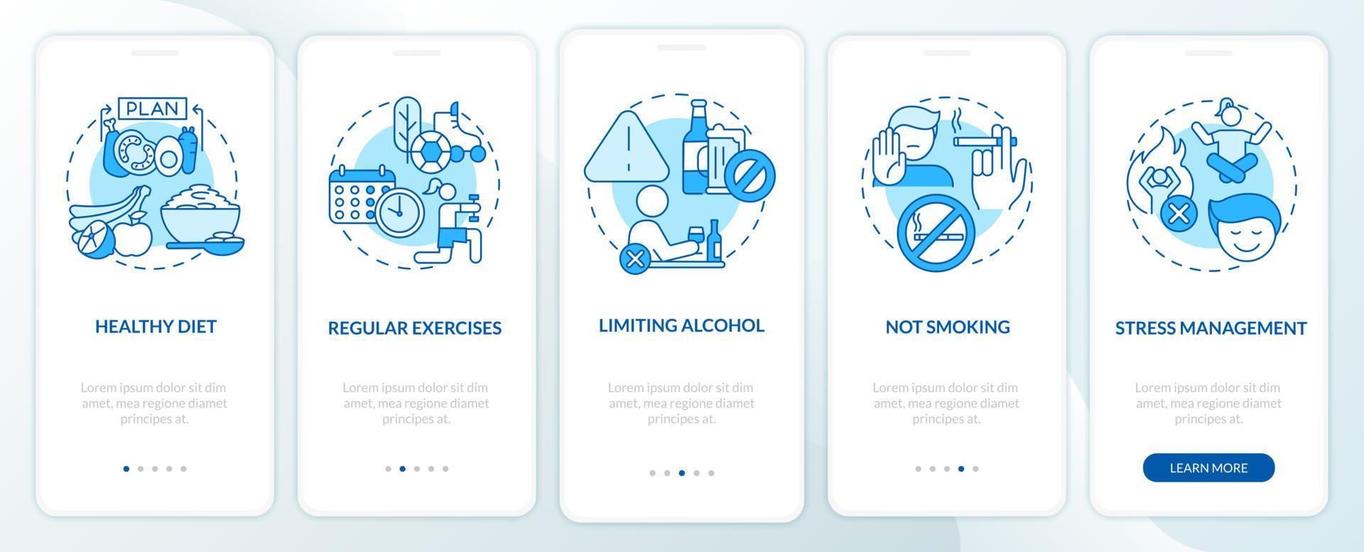 tela de página de aplicativo móvel de integração de tratamento de hipertensão. exercícios regulares passo a passo 5 passos instruções gráficas com conceitos. modelo de vetor ui, ux, gui com ilustrações coloridas lineares