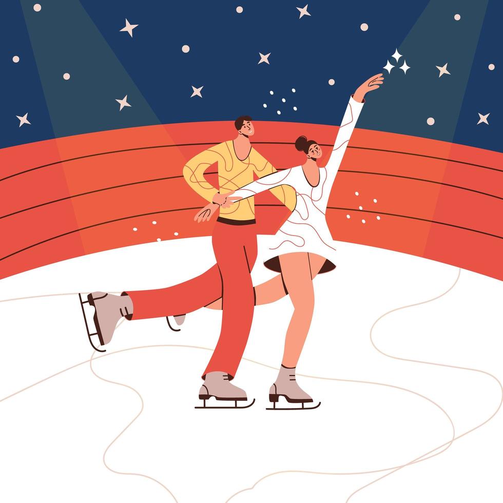 casal patinadora isolada dos desenhos animados ilustração vetorial plana em cores da moda. patinação artística em pares. esporte de inverno, dançarina de gelo, mulher ginasta, campeonato, elemento de design moderno de atividade de competição vetor