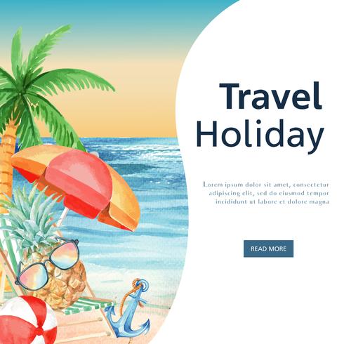 Mídia social viajar de férias de verão a praia Luz solar de férias, mar e céu de árvore de palma, design criativo de ilustração vetorial ... vetor