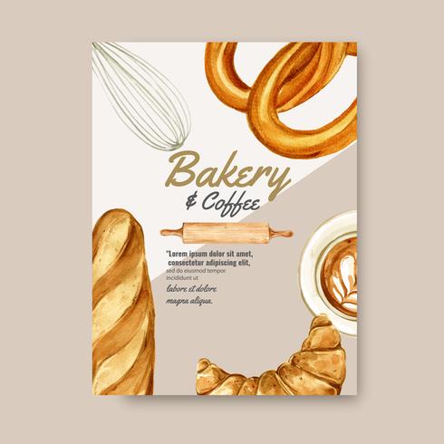 Modelo de cartaz de padaria. Coleção de pão e pão. feito em casa, design criativo da ilustração do vetor da aguarela