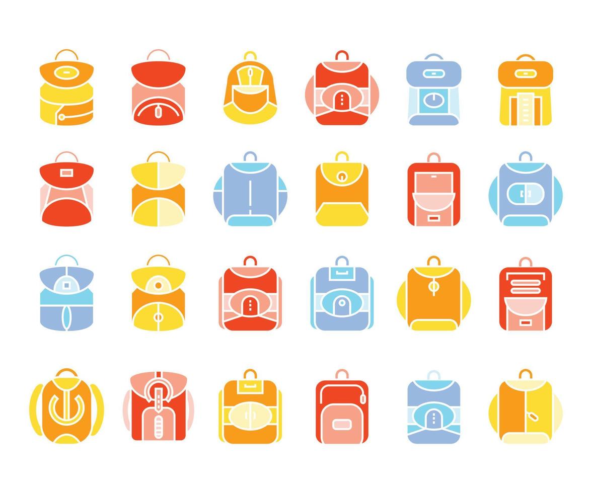 ícones coloridos de mochila e mochila escolar vetor