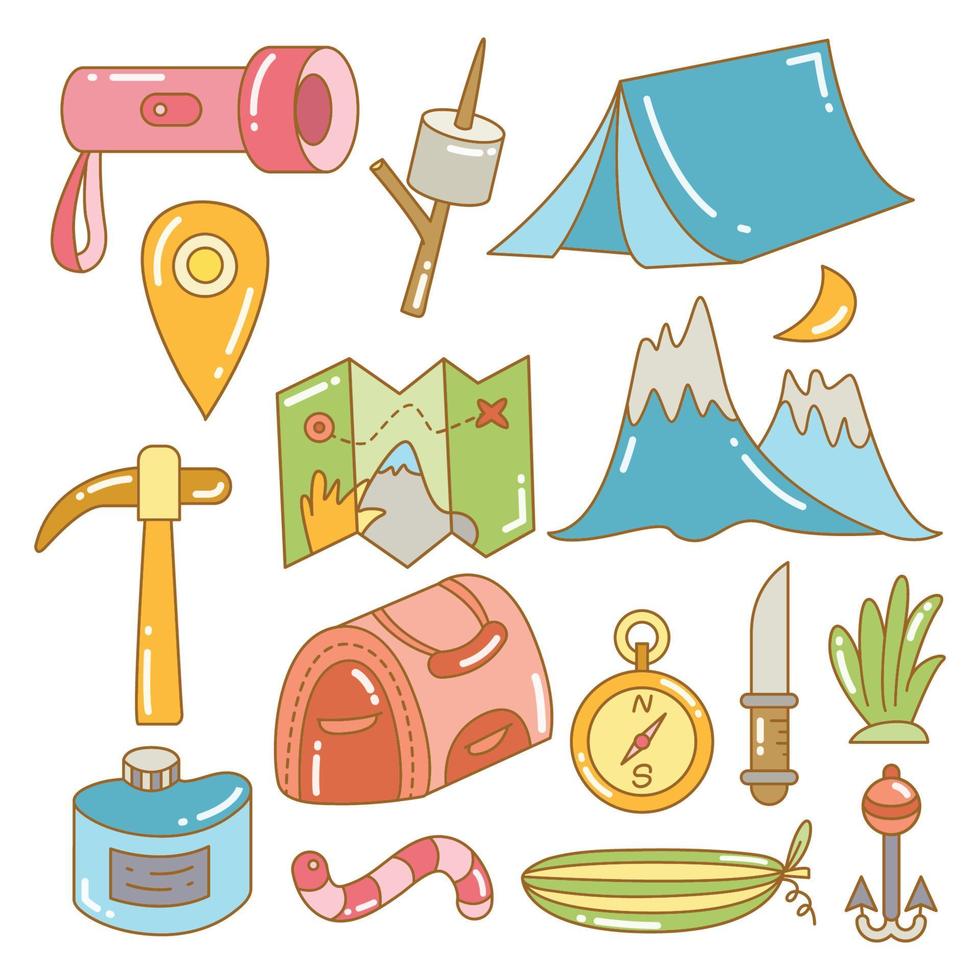 acampamento de verão, tenda, bússola e ilustração de cor de equipamento de caminhada vetor