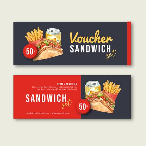 Fast food gif voucher desconto ordem menu aperitivo comida, design de modelo, design criativo de ilustração vetorial aquarela vetor