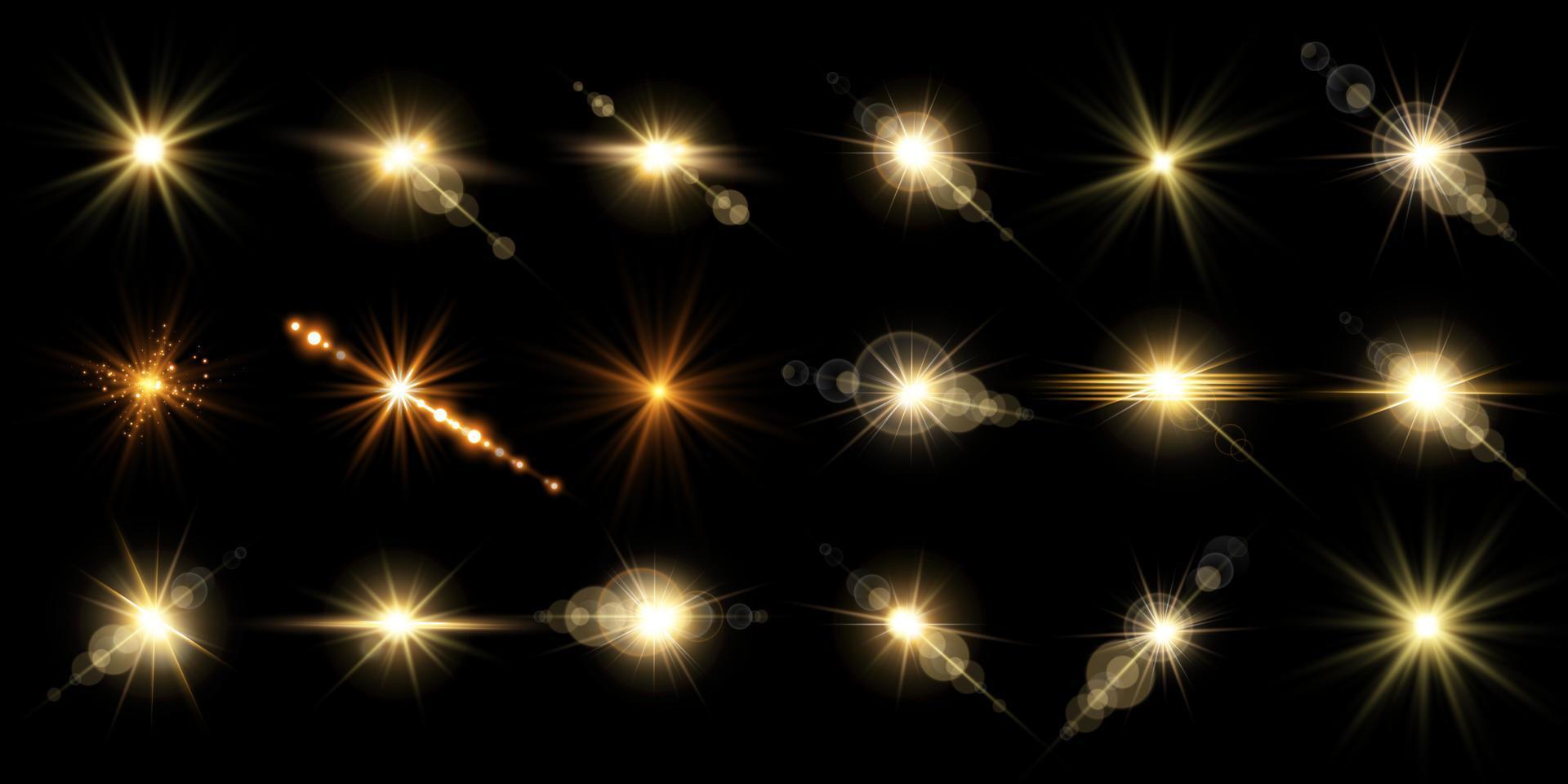 conjunto de flares de lente de ouro. isolado no fundo preto. flash de sol com raios ou holofotes dourados e bokeh. efeito de luz de reflexo de brilho amarelo. ilustração vetorial. vetor