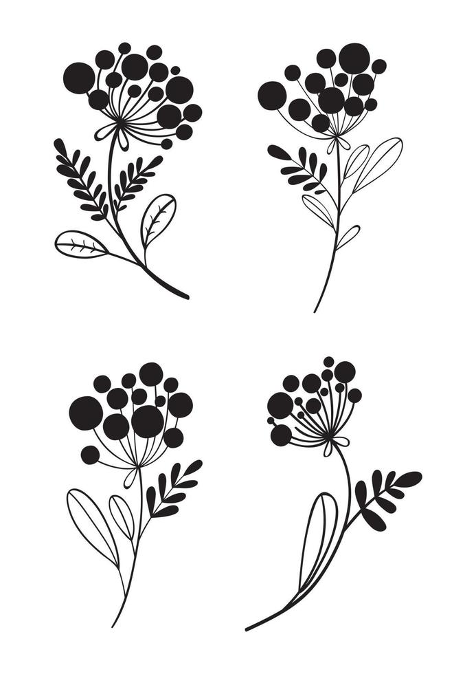 um conjunto incomum de quatro plantas originais. desenhado à mão com tinta. ilustração vetorial em estilo doodle. vetor