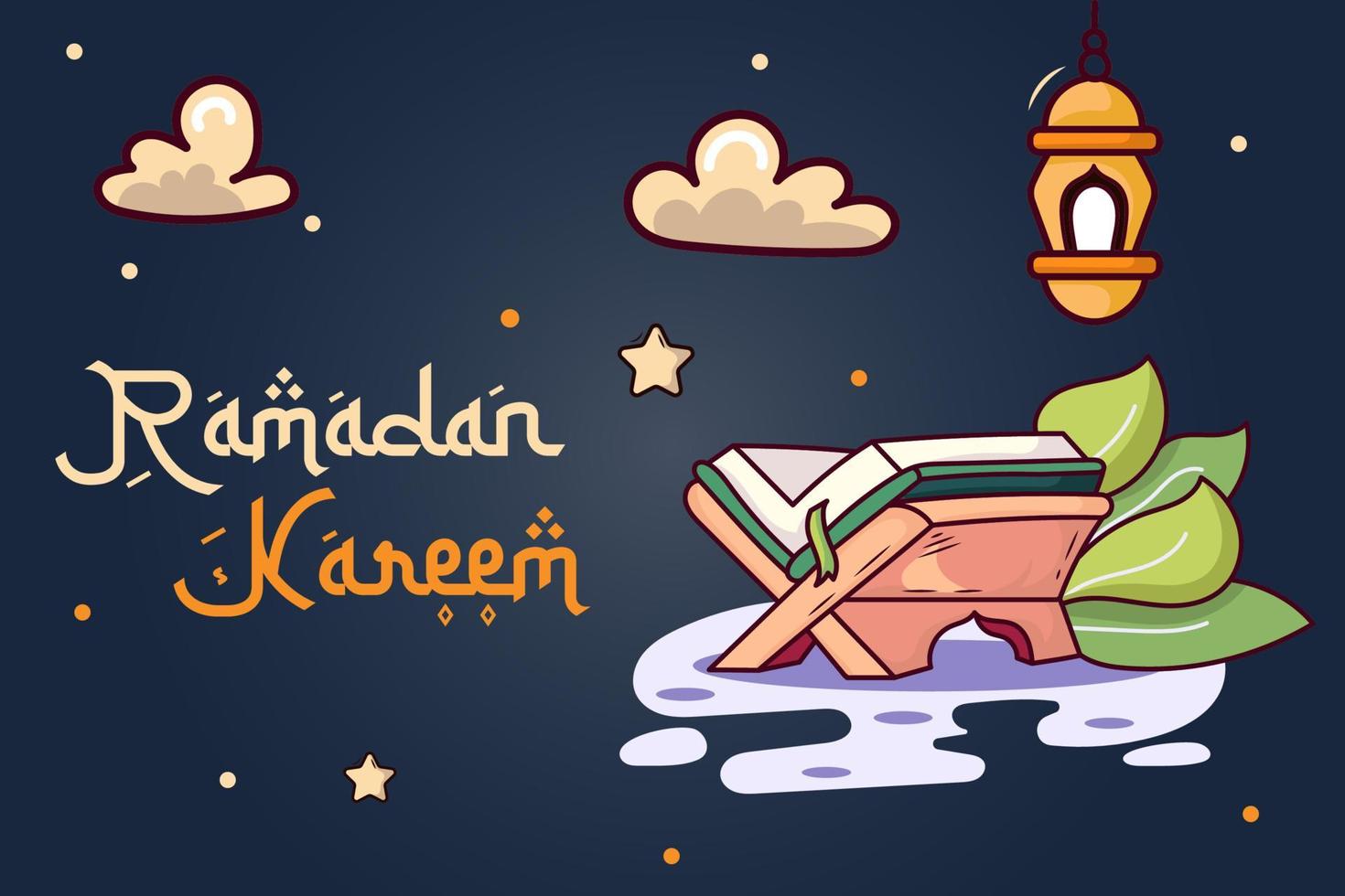 fundo de ramadan kareem com alcorão, folhas, lanternas, nuvens e estrelas estilo de desenho à mão vetor