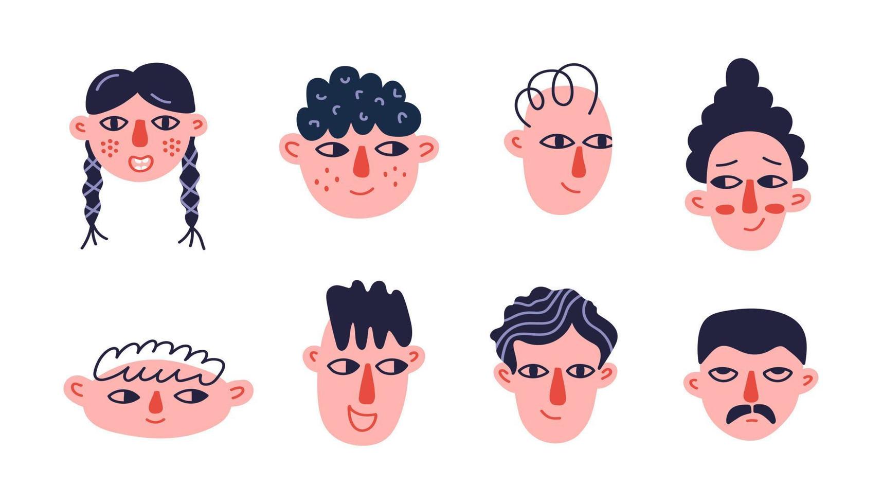 conjunto de vetores rosto de personagens diferentes desenhados à mão isolado no fundo branco. cabeças de desenho animado na moda. avatar de pessoas coloridas