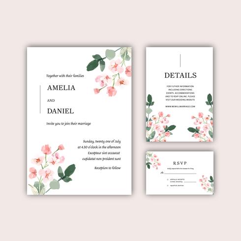 União floral feliz do cartão do convite do jardim do cartão de casamento, detalhe do rsvp. ornamento vintage de layout espaço bonito, vector design de coleção de modelo de ilustração em aquarela