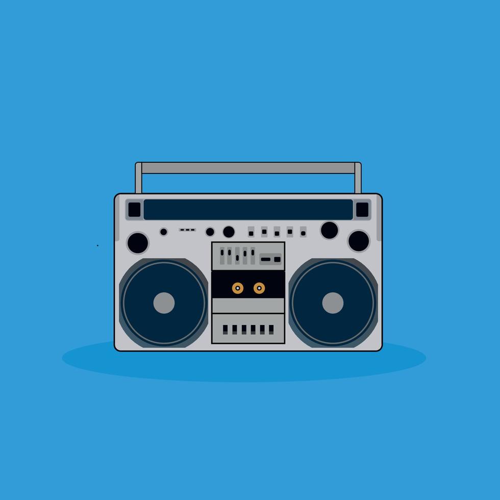 ilustração em vetor de retrô gravador isolado sobre fundo azul. ícone de contorno. estilo moderno retrô boombox. gravador de cassetes de rádio estéreo portátil retrô.