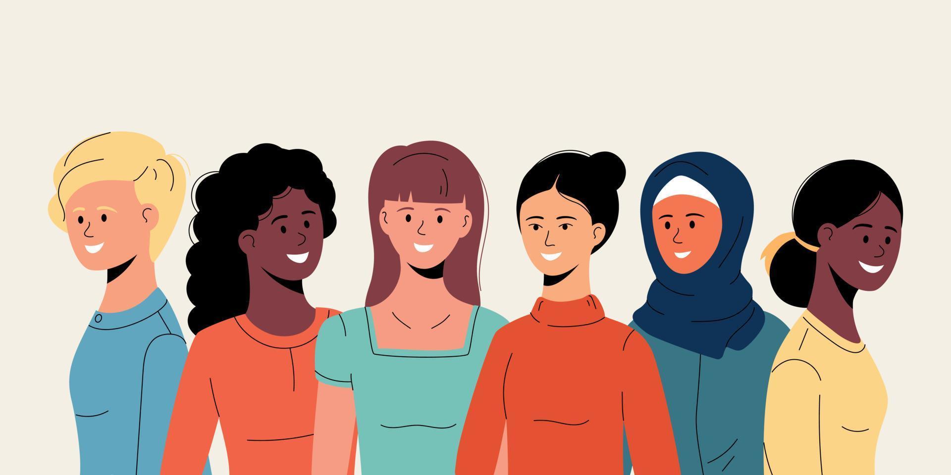 seis mulheres de diferentes nacionalidades e culturas. meninas felizes juntos. dia internacional da mulher. vetor