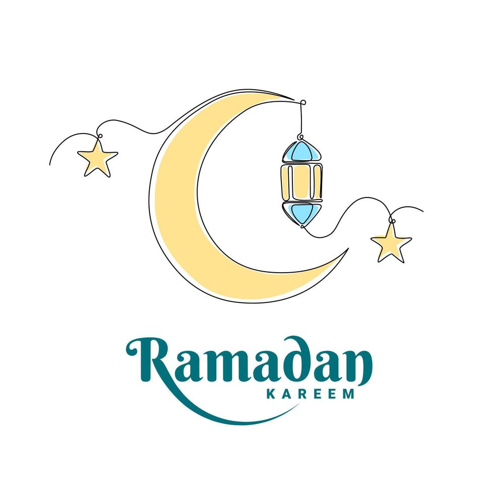 modelos de cartão de saudação ramadan kareem e eid. conceito de design simples com desenho de linha única de lanterna, lua crescente, estrelas. vetor