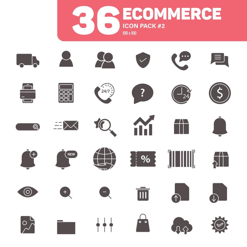 36 ícones de comércio eletrônico pacote 2, conjunto de vetores de ícones de comércio eletrônico sólido