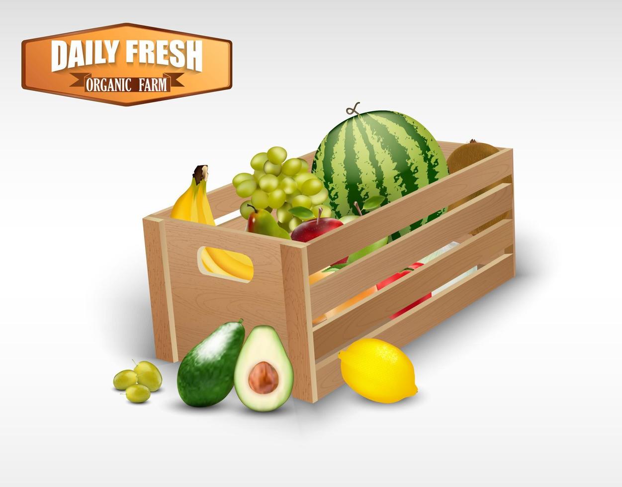 frutas frescas em caixas de madeira em um fundo branco. vetor