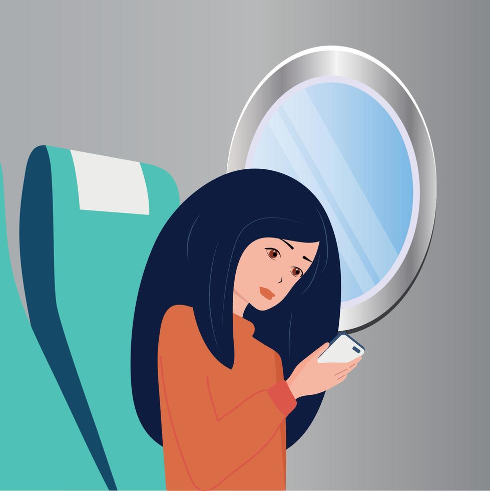 mulher viaja de avião. o passageiro está segurando um smartphone. conceito de voo seguro. vetor