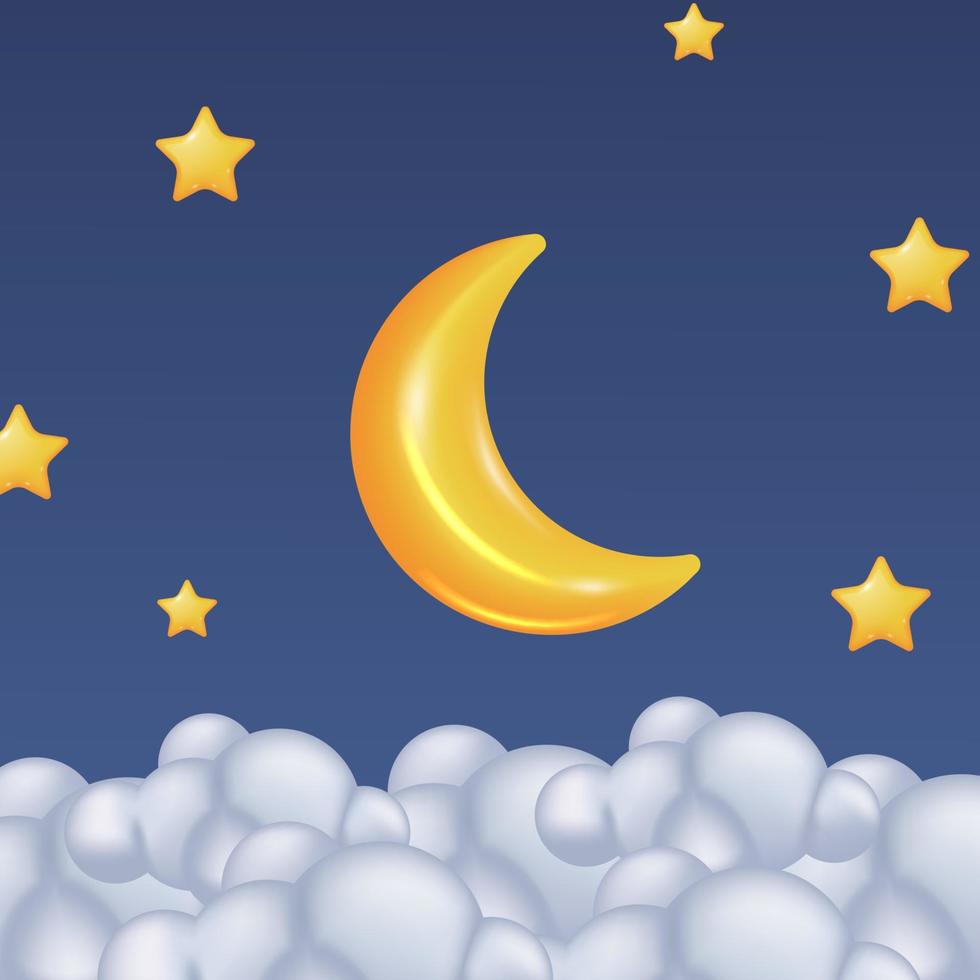 3d lua crescente amarela fofa e estrela com nuvem no céu noturno para o conceito de bebê de ninar de sonhos doces vetor