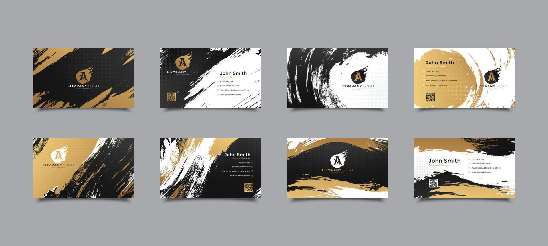 conjunto de cartão de visita abstrato de escovas pretas e douradas vetor