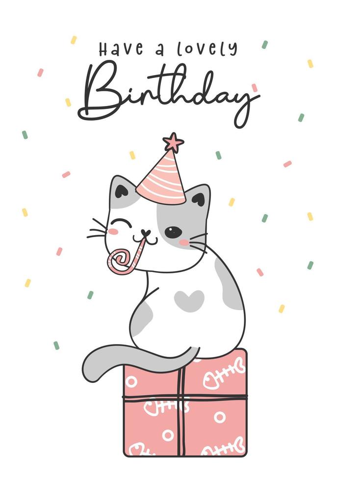 cartão de felicitações de feliz aniversário para gatos, desenho de desenho animado de aniversário de gatinho cinza doce fofo vetor