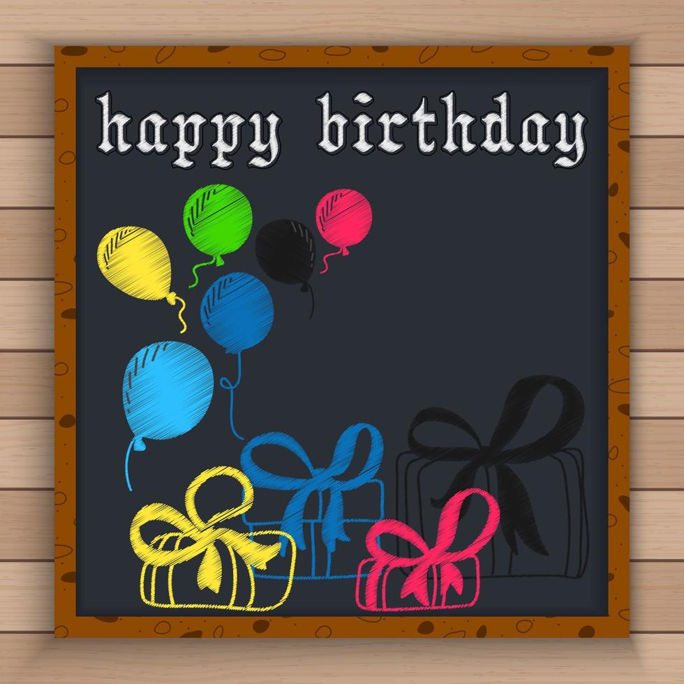 fundo de feliz aniversário com balões coloridos e caixas de presente escritas por giz de cor no quadro-negro vetor