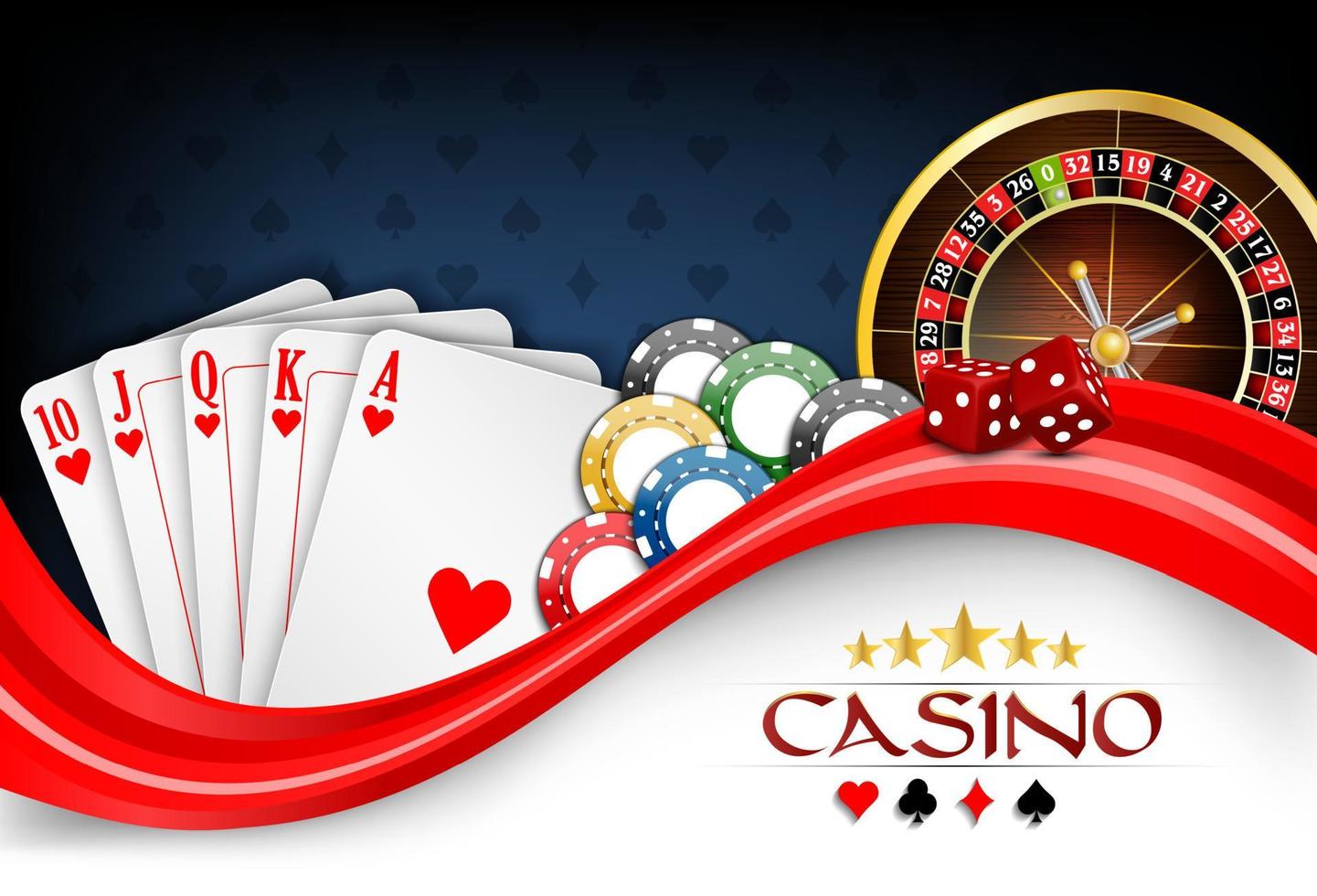 cartões de pôquer brancos vermelhos de fundo, fichas de cassino e roda de roleta vetor