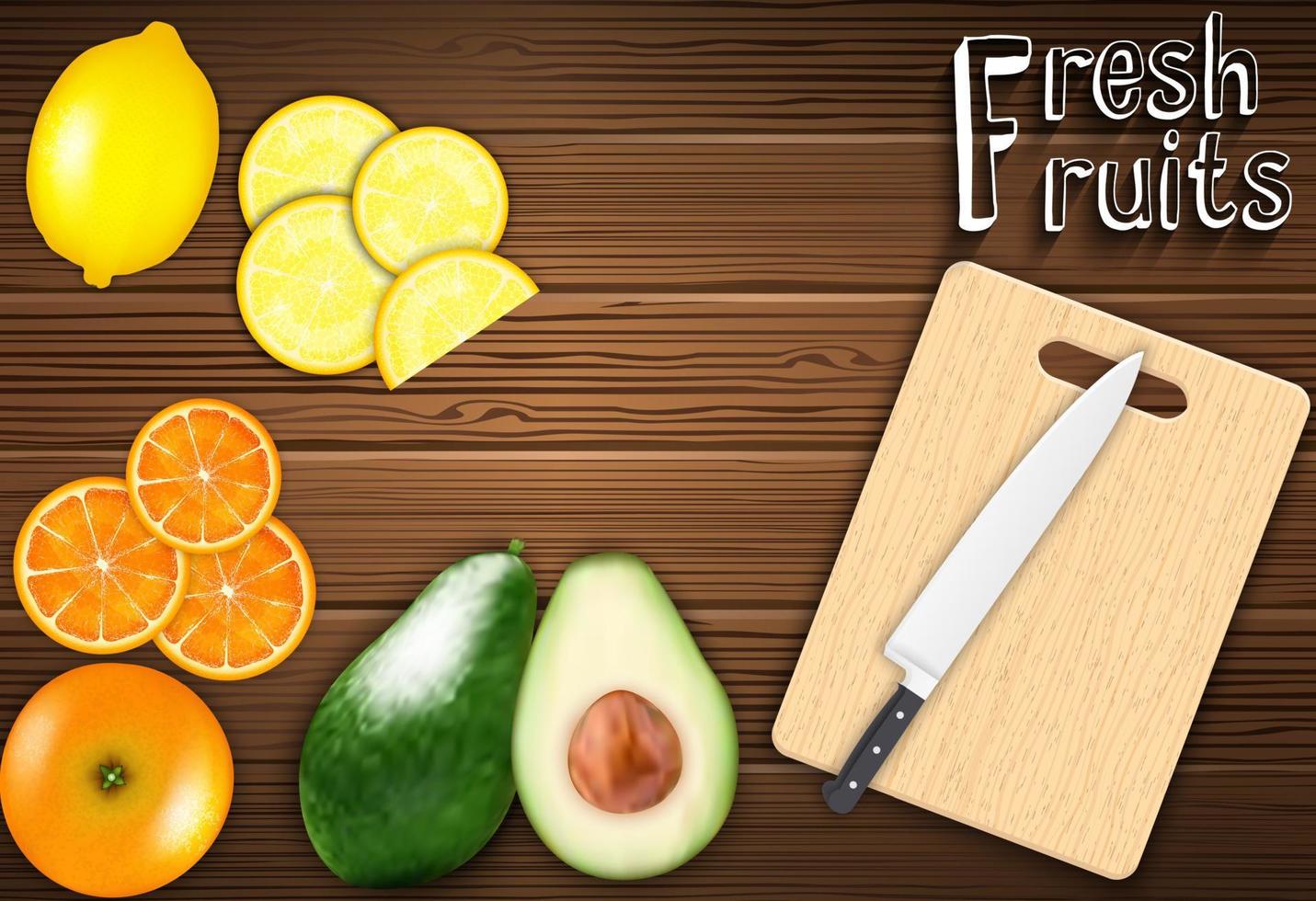 fatias de frutas frescas em cima da mesa com uma faca em um fundo de tábua vetor