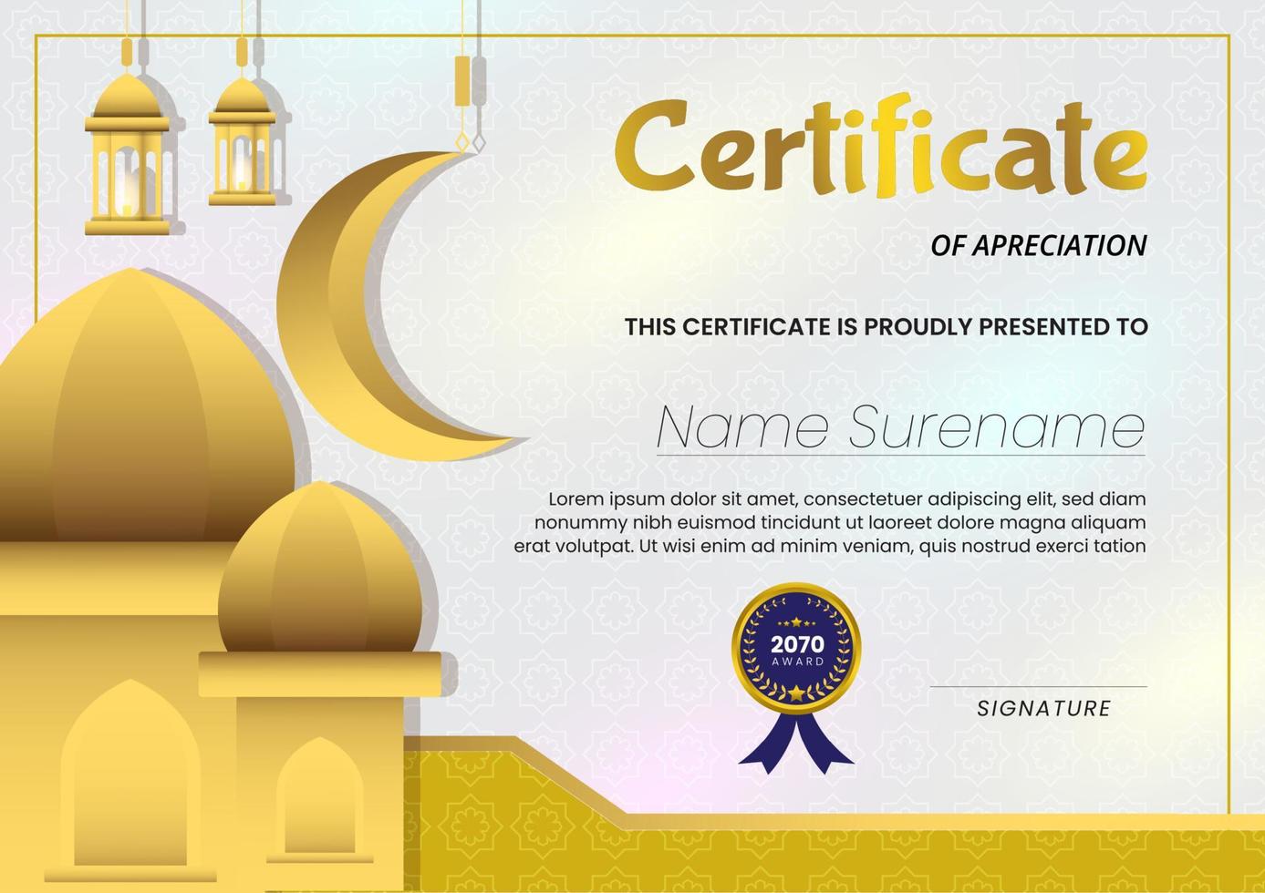 certificado com fundo de mesquita e padrão islâmico de cor ouro branco adequado para o modelo de conceito do ramadã vetor