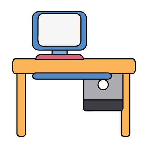 escritório com tecnologia de computador e mesa de madeira vetor