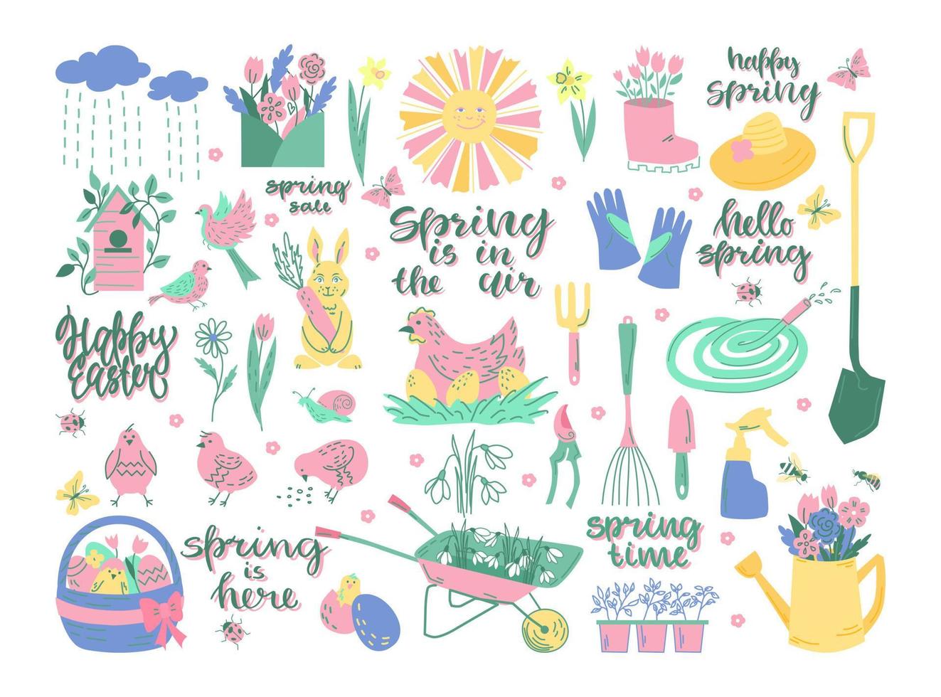 conjunto de elementos com letras de primavera. páscoa, primavera, jardim. ilustração vetorial. vetor