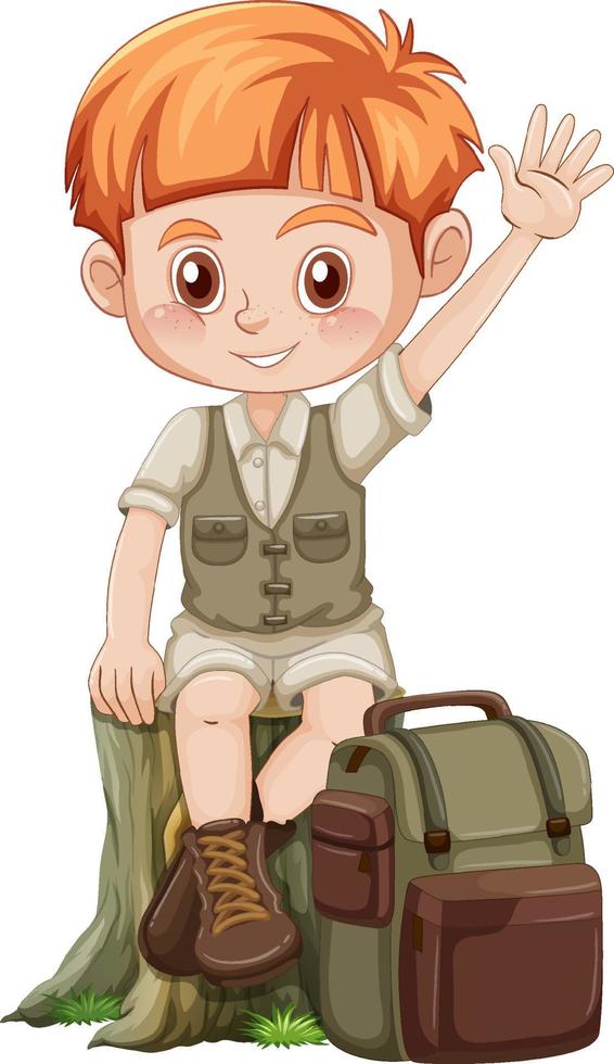 garotinho com roupa de acampamento com mochila vetor