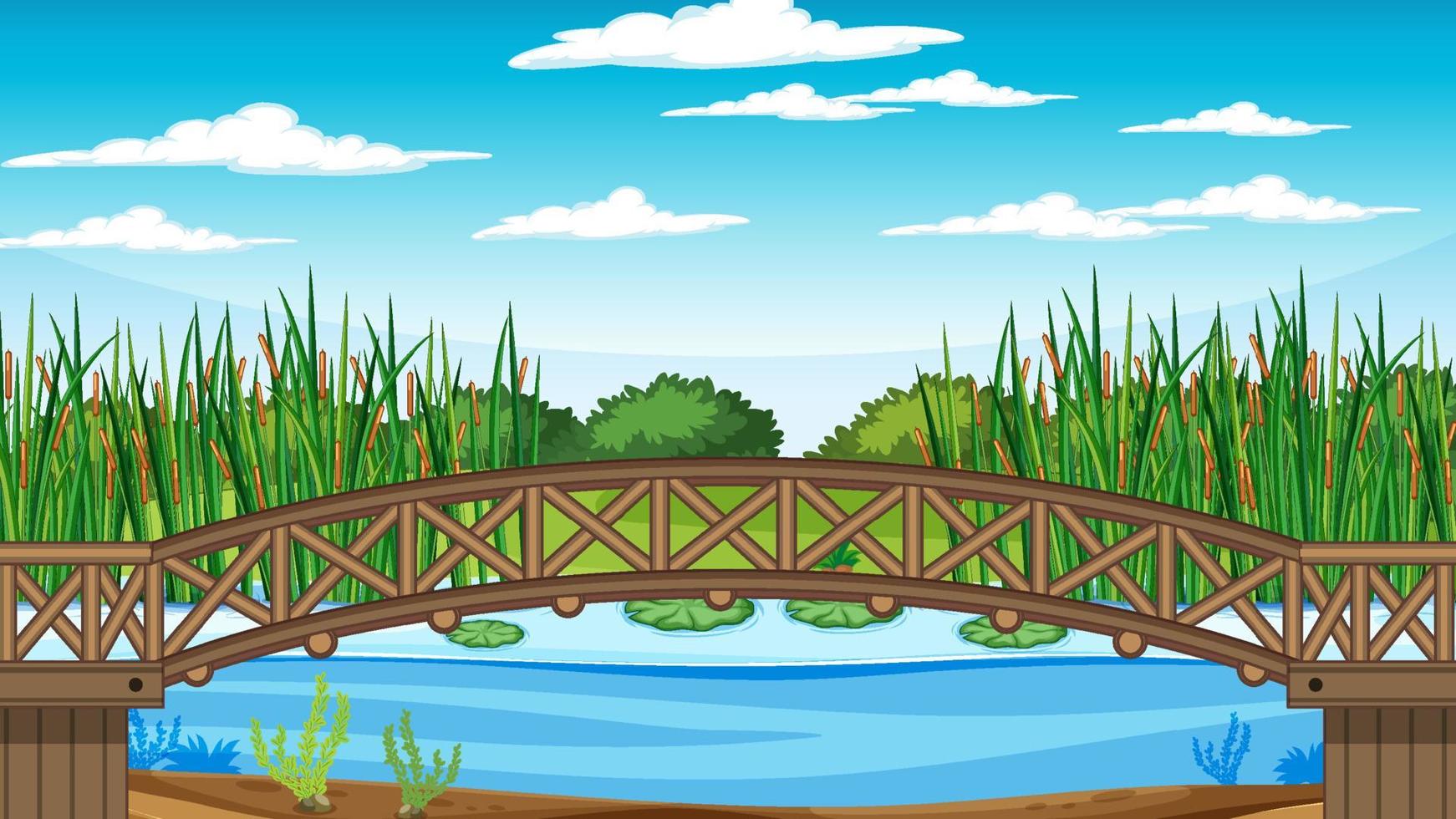 cena com ponte de madeira sobre lagoa vetor