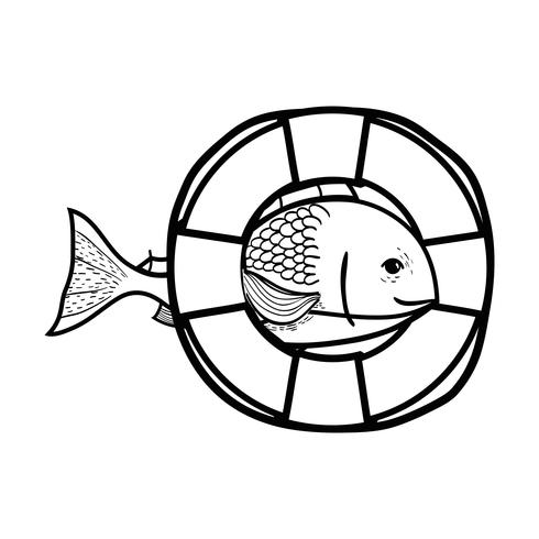 peixe de linha com projeto de objeto de bóia de vida vetor