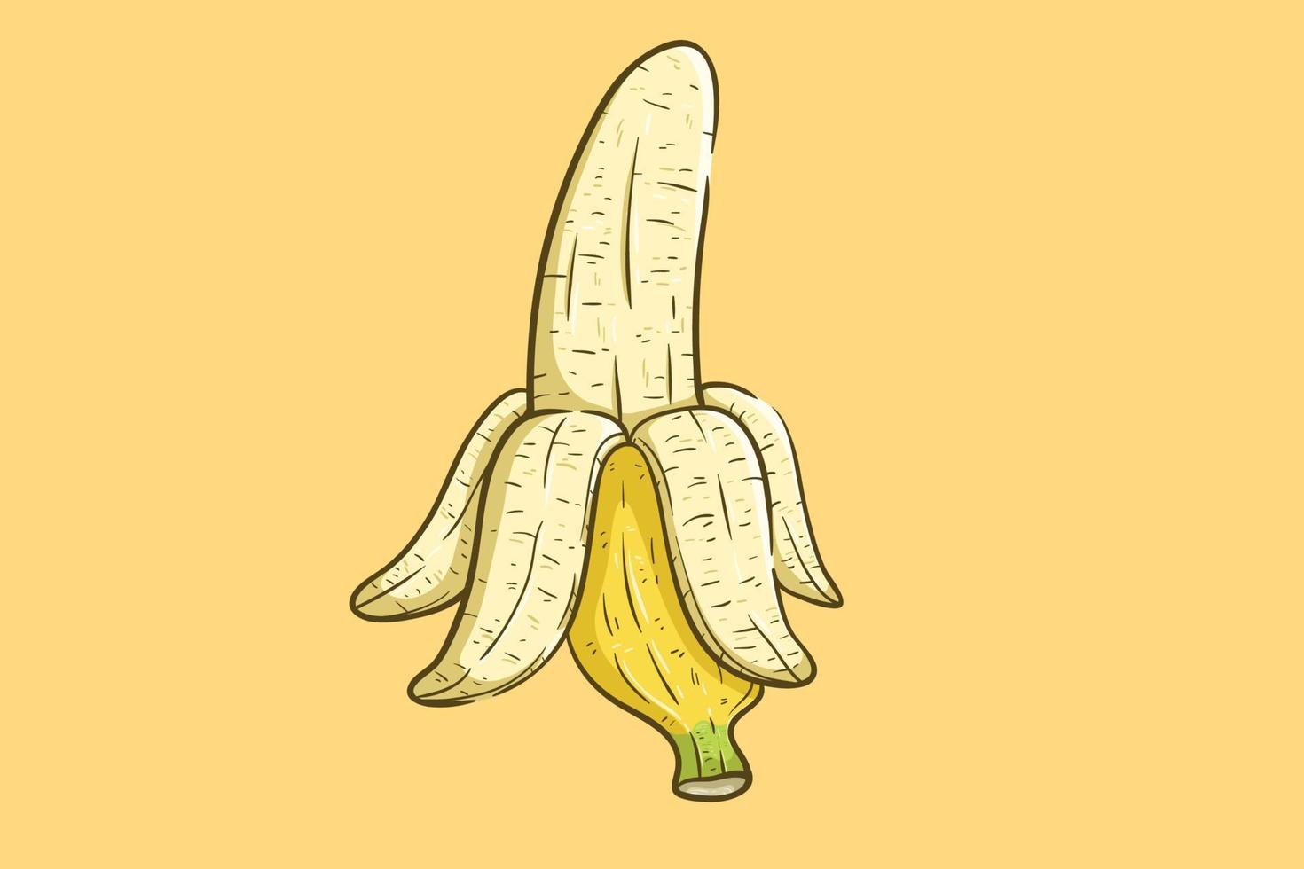 banana desenhada de mão descascada em fundo amarelo vetor