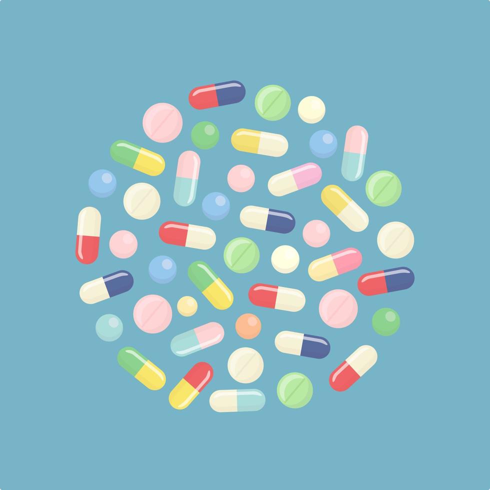 Medicamentos dos desenhos animados, poções e pílulas pilhas definido.  medicamento médico para a saúde, comprimidos de farmácia de medicina