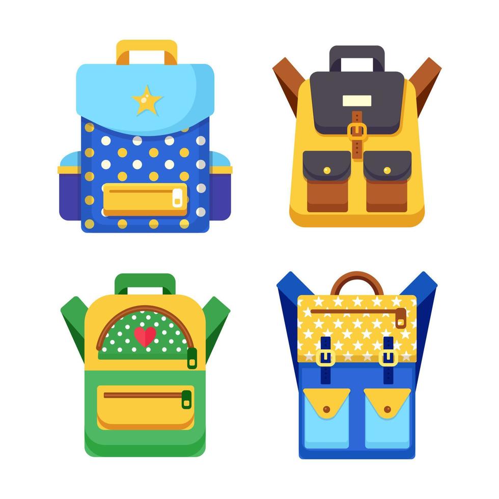 conjunto de mochila escolar. mochila de crianças, mochila isolada no fundo branco. saco com suprimentos, régua, lápis, papel. bolsa de aluno. educação infantil, de volta ao conceito de escola. ilustração vetorial plana vetor