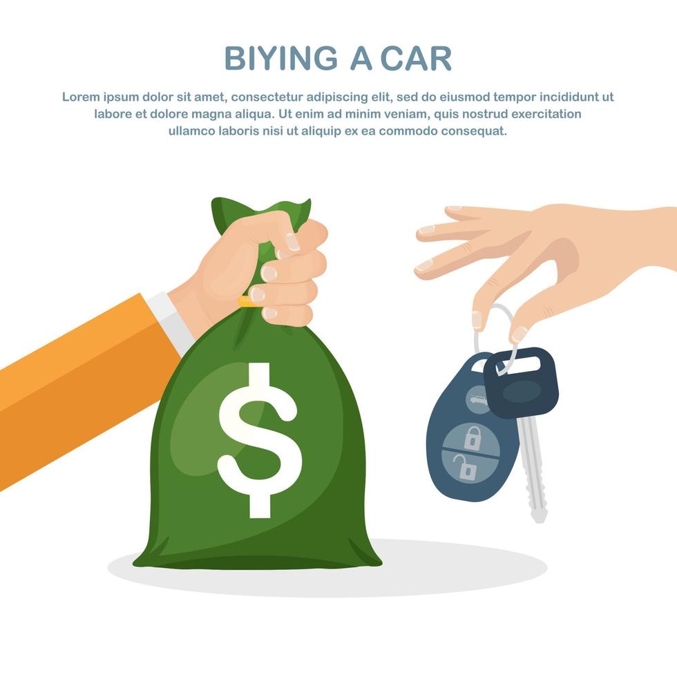 cliente comprando automóvel dando dinheiro ao revendedor. vendedor dá a chave do carro ao novo proprietário. alugar veículo vetor