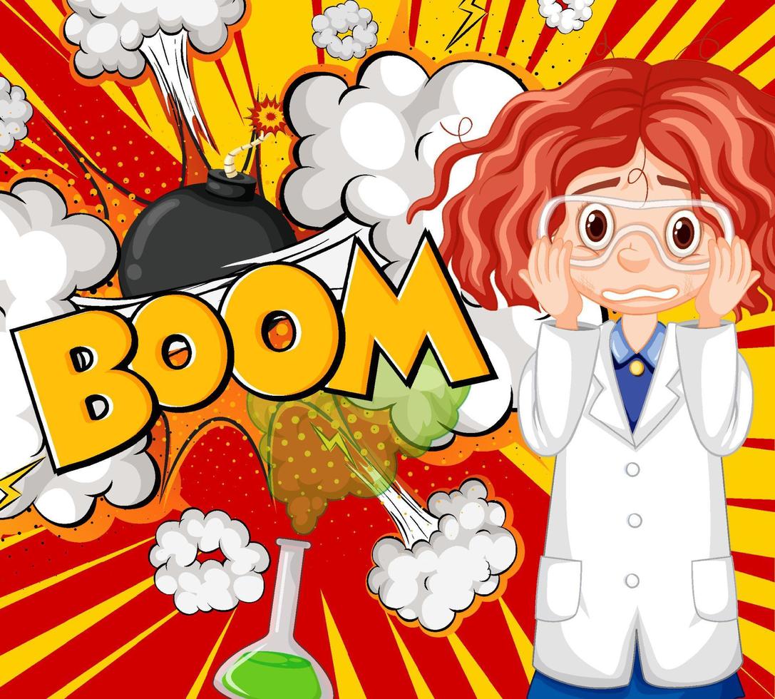 personagem cientista com fala de boom e expressão facial em quadrinhos retrô vetor