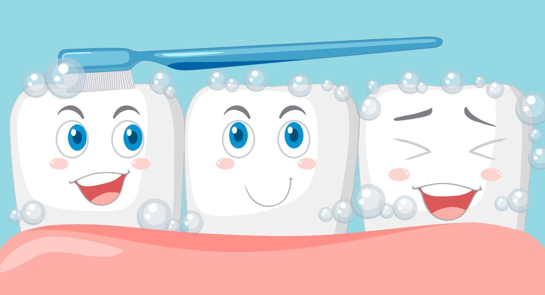 dente feliz escovando-se com uma pasta de dentes em fundo azul vetor