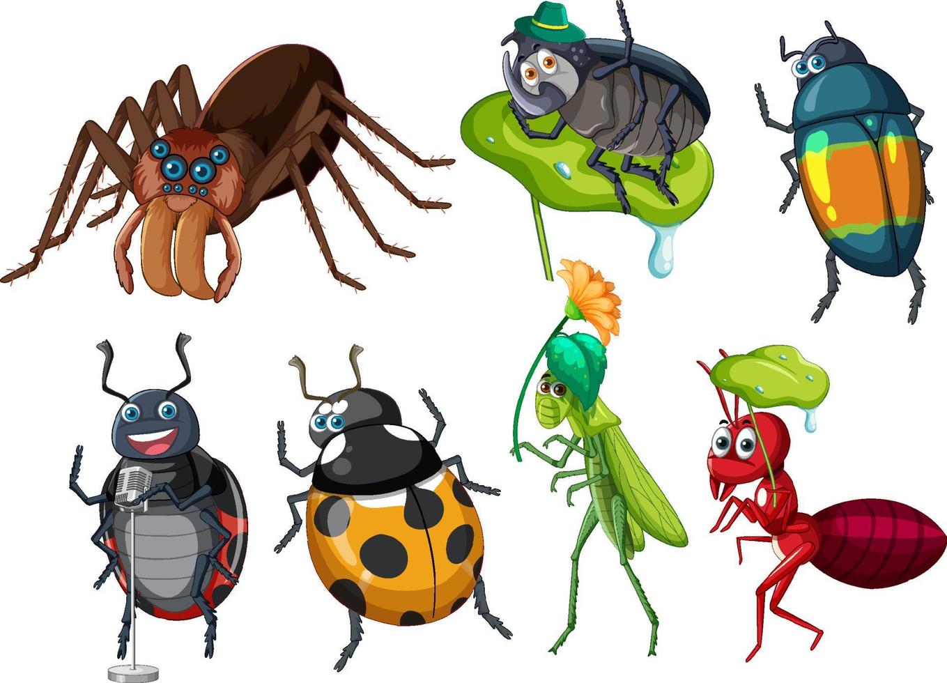 conjunto de diferentes insetos e besouros em estilo cartoon vetor