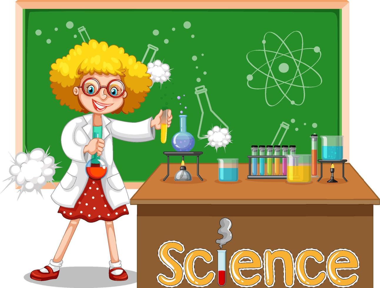 personagem de desenho animado de mulher cientista com equipamentos de laboratório vetor