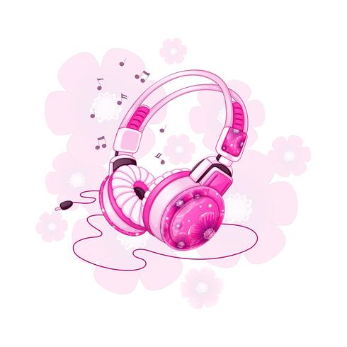 Fones de ouvido estéreo elegantes com um design floral rosa. Acessórios musicais para esportes. Ilustração de desenho vetorial. vetor