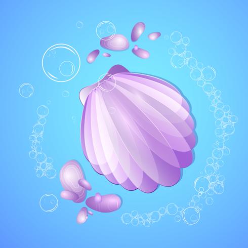 Composição do verão do mar com um escudo, seixos do mar e bolhas de ar. vetor