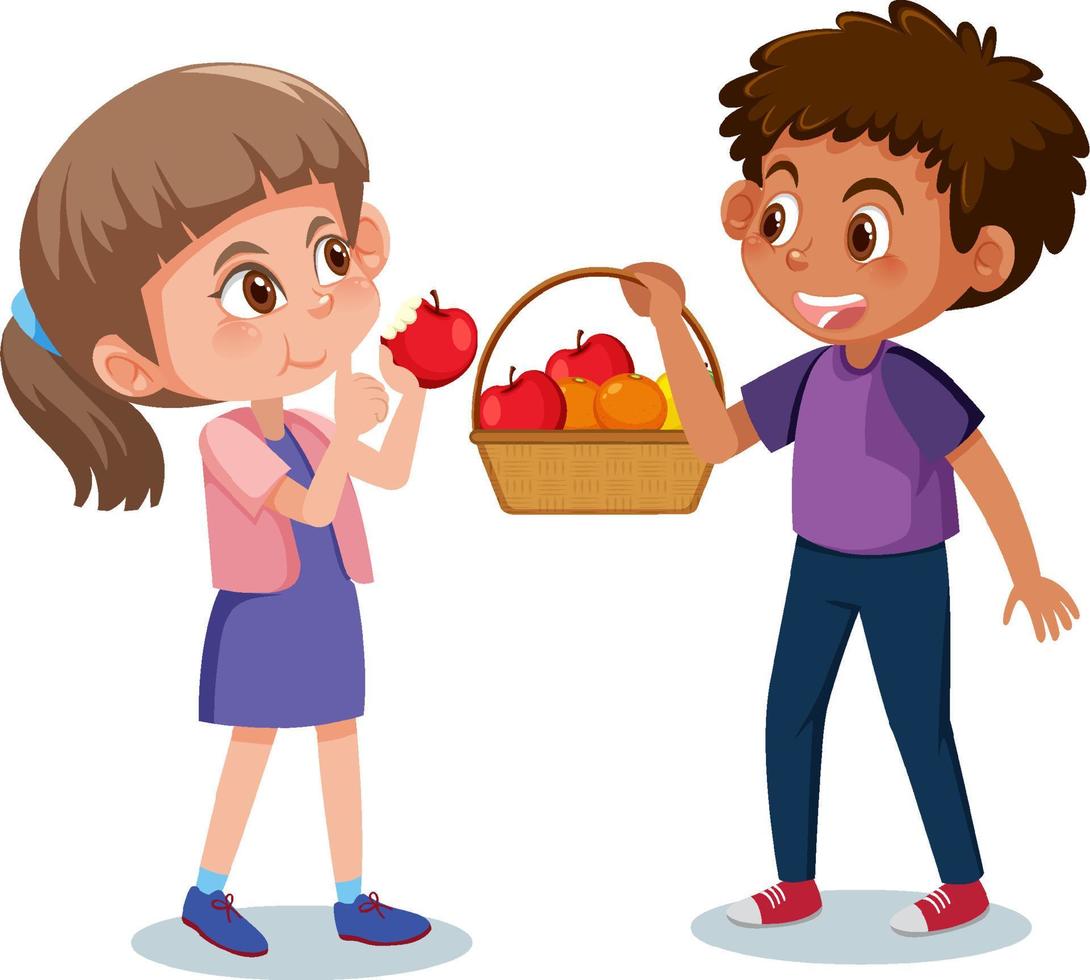 menino e menina com cesta de frutas no fundo branco vetor