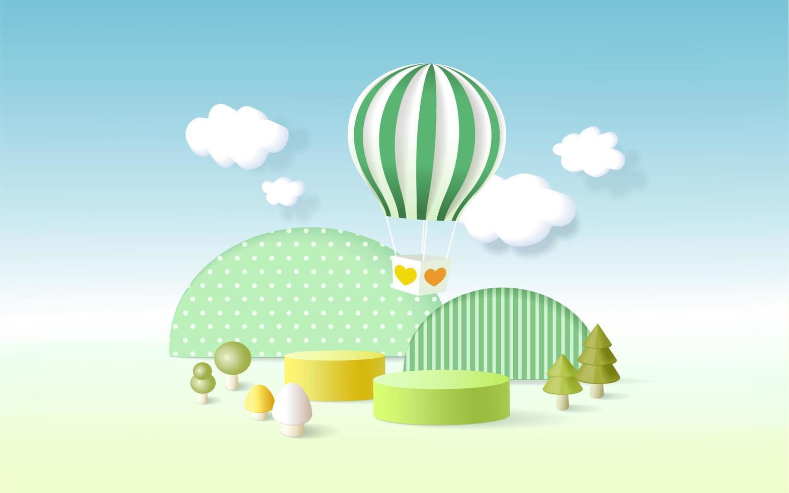 Pódio de renderização 3D, fundo de cor pastel, nuvens e clima com espaço vazio para crianças ou produtos para bebês. vetor