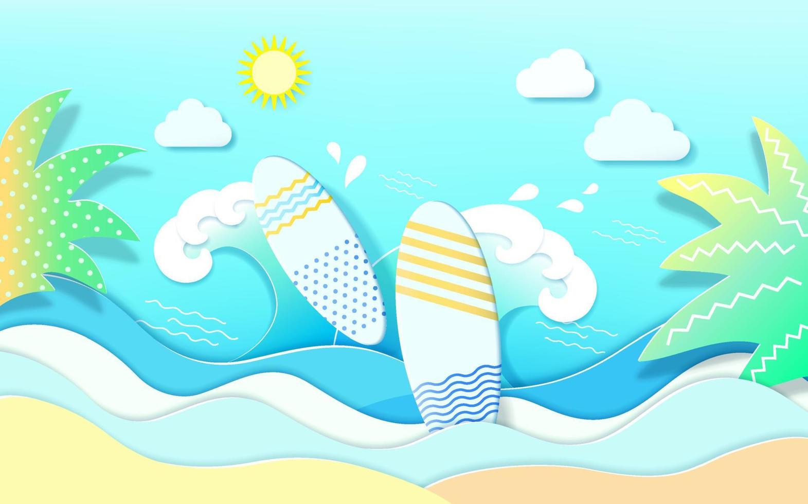 fundo de cor brilhante de praia de corte de papel. modelo de ilustração vetorial, guarda-sol com céu azul nublado. vetor